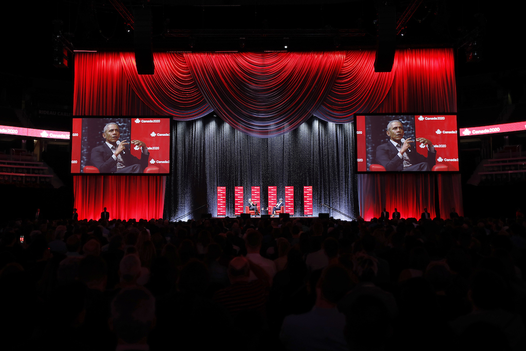 Former US President Barak Obama speaks at a Canada 2020 event at the Canadian Tire Centre in Ottawa May 31, 2019. Photograph by Blair Gable | www.blairgable.com | @gablehead